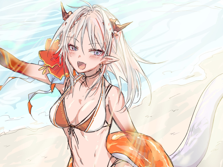 1girl :d alternate_costume an_fyhx arknights arm_tattoo arm_up beach braid breasts cleavage colored_skin day dragon_girl dragon_horns dragon_tail earrings fangs hair_between_eyes highres holding holding_innertube horns innertube jewelry looking_at_viewer medium_breasts medium_hair multicolored_hair nian_(arknights) open_mouth outdoors pointy_ears purple_eyes red_hair red_skin red_skirt sand sketch skirt smile solo streaked_hair sunlight tail tattoo upper_body water white_hair