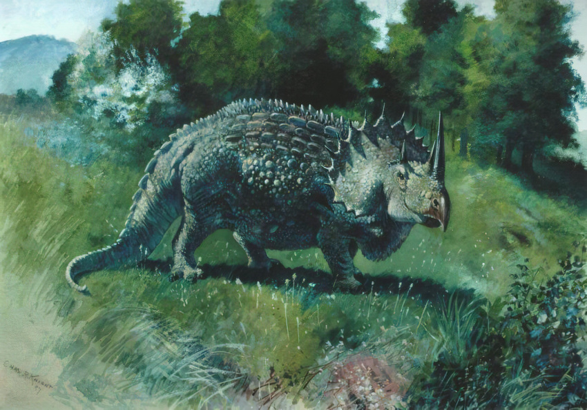 1897 19th_century absurd_res ambiguous_gender ancient_art ceratopsian charles_r_knight day dinosaur facial_horn feral grass green_body green_scales green_skin hi_res horn nose_horn ornithischian outside paleoart plant reptile scales scalie solo tree