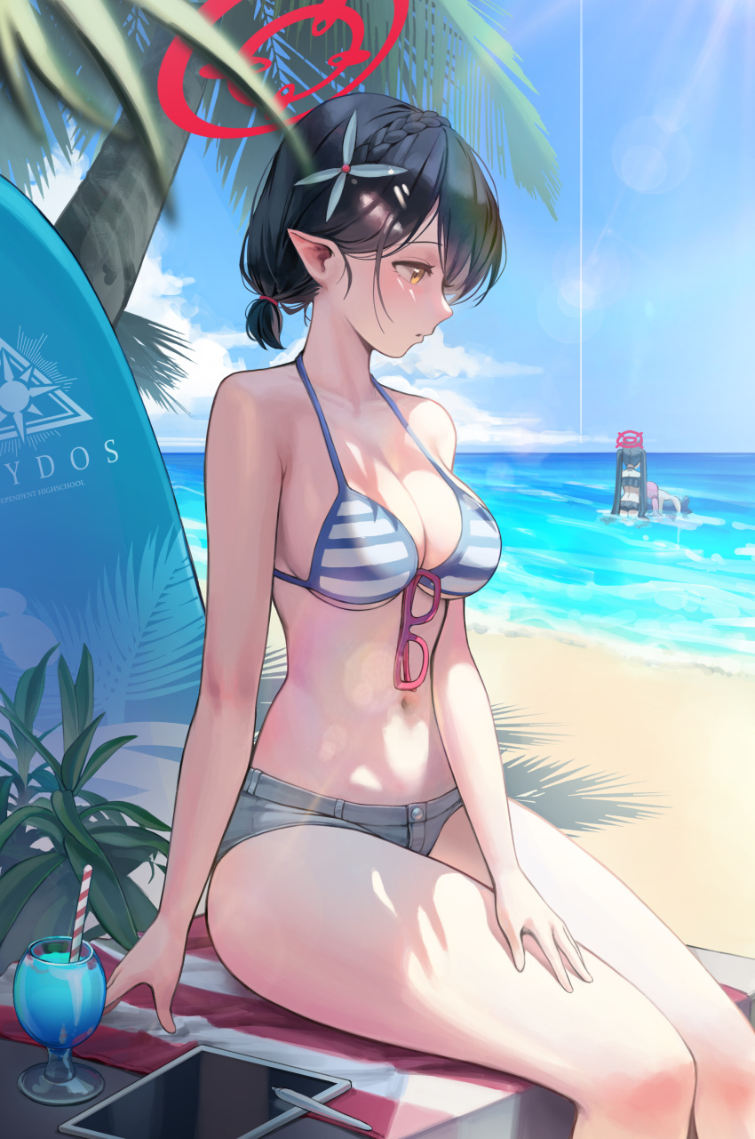 3girls absurdres ayane_(blue_archive) ayane_(swimsuit)_(blue_archive) bangs beach bikini black_bikini black_hair blue_archive blue_bikini blue_sky braid breasts cleavage cloud crown_braid cup day dong_ji drinking_straw eyewear_hang eyewear_removed grey_shorts halo halterneck highres hoshino_(blue_archive) hoshino_(swimsuit)_(blue_archive) long_hair looking_away medium_breasts micro_shorts multiple_girls navel outdoors palm_tree pink_hair profile serika_(blue_archive) serika_(swimsuit)_(blue_archive) short_hair shorts sky stylus surfboard swimsuit tablet_pc thighhighs tree twintails very_long_hair yellow_eyes