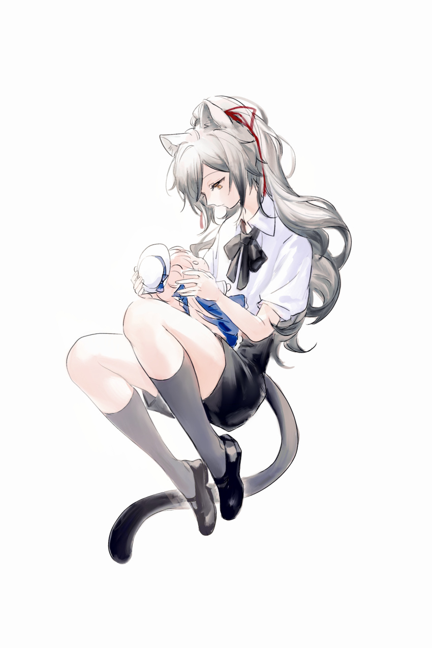 1girl absurdres animal_ears arknights black_bow black_bowtie black_footwear black_legwear black_shorts bow bowtie cat_ears cat_girl cat_tail ceylon_(arknights) character_doll collared_shirt flats full_body grey_hair hair_ribbon highres holding holding_stuffed_toy long_hair ponytail red_ribbon ribbon schwarz_(arknights) shirt shorts simple_background socks solo stuffed_toy tail white_background white_shirt yellow_eyes yunluo