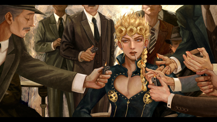 6+boys blonde_hair blue_eyes braid bug choker cigarette cleavage_cutout clothing_cutout disembodied_limb earrings facial_hair fedora formal giorno_giovanna grey_hair hat head_out_of_frame heart heart_choker high_collar highres holding holding_lighter jewelry jojo_no_kimyou_na_bouken koha_(xxkohaku) ladybug lighter lighting_cigarette long_hair looking_to_the_side mafia male_focus mouth_hold multiple_boys mustache necktie old old_man parted_lips pectoral_cleavage pectorals sitting solo_focus suit vento_aureo