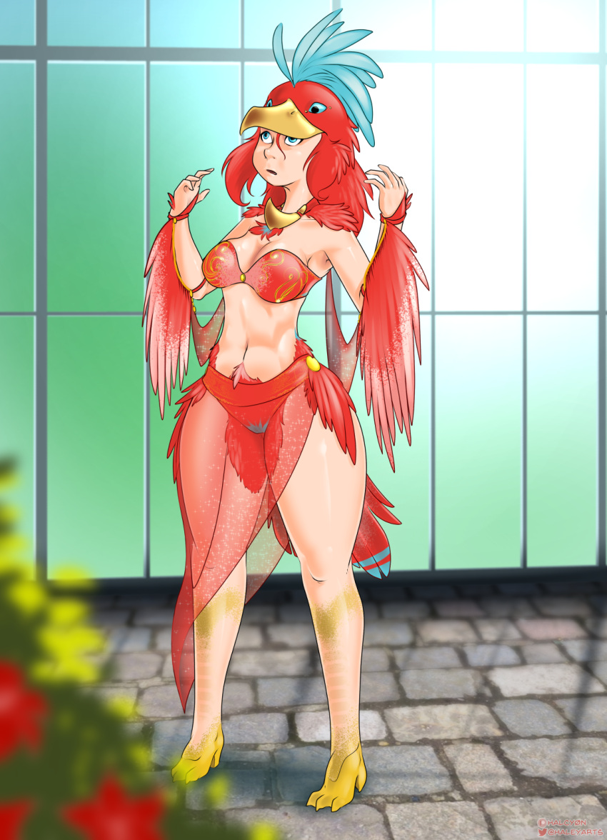 2022 abs avian bird breasts clothing feather_growth feathers female growth halcy0n hi_res human human_to_anthro looking_up mammal navel red_body red_feathers solo species_transformation standing suit_transformation surprise tail_growth transformation translucent translucent_clothing yellow_high_heels