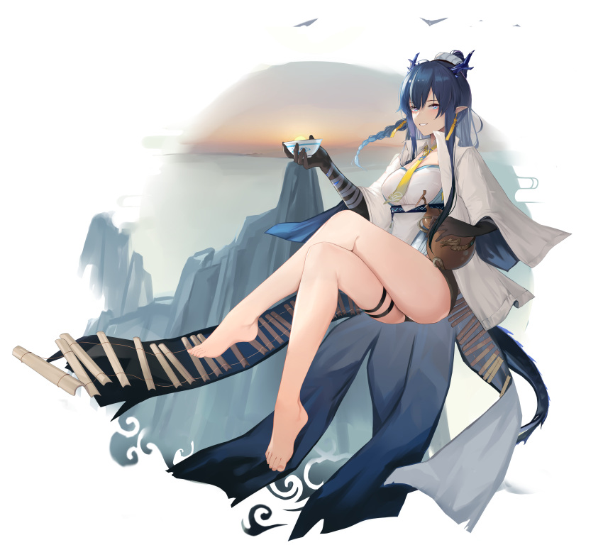 1girl absurdres arknights barefoot blue_eyes blue_hair braid breasts collared_jacket cup earrings full_body grey_hair highres holding holding_cup jacket jewelry ling_(arknights) looking_at_viewer medium_breasts multicolored_hair necktie outdoors pointy_ears ponytail shirt smile solo streaked_hair sunset tassel tassel_earrings thigh_strap thighs water white_jacket white_shirt xiaobei yellow_necktie