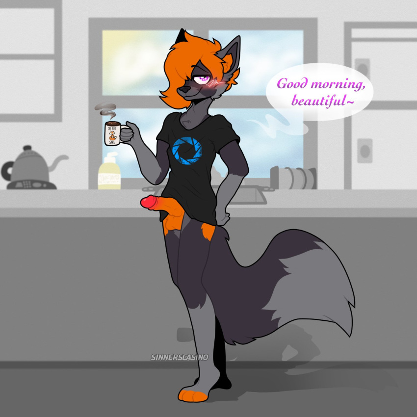 anthro aperture_science balls bedroom_eyes beverage blush blush_lines bottomless bottomless_anthro bottomless_male break_room canid canine cheek_tuft clothed clothing coffee coffee_mug erection facial_tuft fox fur genitals grey_body grey_fur hair hair_over_eye half-closed_eyes hi_res humanoid_genitalia humanoid_penis inner_ear_fluff inviting looking_at_viewer male mammal markings narrowed_eyes one_eye_obstructed orange_hair orange_markings orange_penis penis seductive sinnerscasino smile smirk smug smug_face solo t-shirt_only tuft