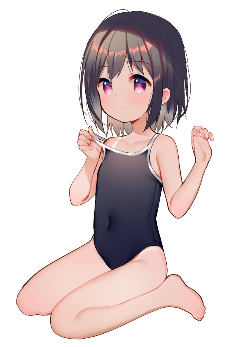 1girl bare_shoulders barefoot black_hair black_swimsuit brown_hair child closed_mouth covered_navel female_child flat_chest highres legs meito_(maze) one-piece_swimsuit original pink_eyes short_hair simple_background sitting solo swimsuit tan tanlines toes white_background