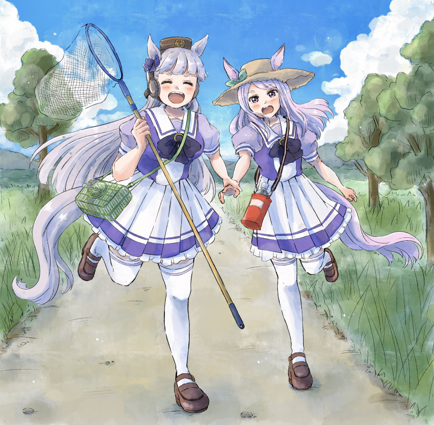 2girls :d :o absurdres alternate_headwear bag bangs blunt_bangs blush bottle bow bowtie brown_footwear butterfly_net closed_eyes commentary_request ear_bow ears_through_headwear facing_viewer frilled_skirt frills full_body gold_ship_(umamusume) grass grey_hair hand_net hat highres holding holding_butterfly_net horse_girl horse_tail light_purple_hair loafers long_hair mejiro_mcqueen_(umamusume) multiple_girls nukakonoe open_mouth outdoors path pillbox_hat pleated_skirt puffy_short_sleeves puffy_sleeves purple_bow purple_eyes purple_hair purple_shirt running running_towards_viewer sailor_collar school_uniform serafuku shirt shoes short_sleeves shoulder_bag skirt smile straight-on straw_hat summer_uniform tail thighhighs tracen_school_uniform tree umamusume very_long_hair water_bottle white_legwear white_skirt