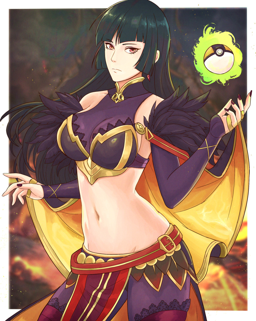 1girl absurdres armor black_feathers black_hair black_sleeves breastplate breasts cape cleavage commission cosplay earrings expressionless feathers fire fire_emblem fire_emblem_heroes green_fire highres jewelry large_breasts long_hair looking_at_viewer navel orange_cape pelvic_curtain poke_ball pokemon red_eyes red_legwear sabrina_(pokemon) sonya_(fire_emblem) sonya_(fire_emblem)_(cosplay) telekinesis truejekart ultra_ball