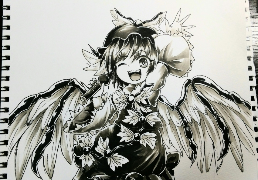 1girl animal_ears arm_up bird_ears bird_wings chups dress fingernails frilled_dress frilled_sleeves frills highres holding holding_microphone long_fingernails long_sleeves microphone mystia_lorelei one_eye_closed open_mouth photo_(medium) sharp_fingernails short_hair smile solo teeth touhou traditional_media upper_teeth wide_sleeves winged_hat wings