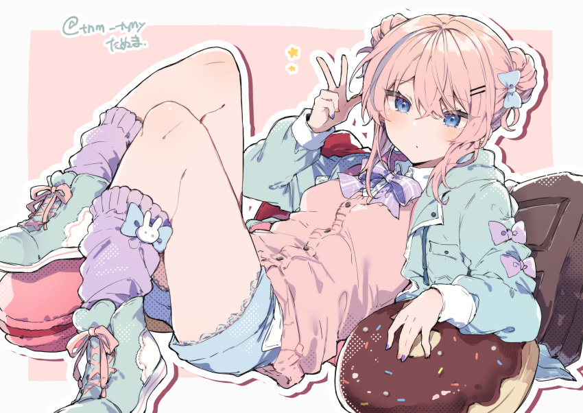 1girl bangs blue_eyes blue_hair blush bow bowtie double_bun doughnut dress_shirt food full_body hair_between_eyes hair_bow hair_bun highres ikeuchi_tanuma jacket looking_at_viewer lying medium_hair multicolored_clothes multicolored_hair original parted_lips pillow pink_hair shirt shoes short_shorts shorts signature simple_background sneakers socks sweater_vest symbol-only_commentary v