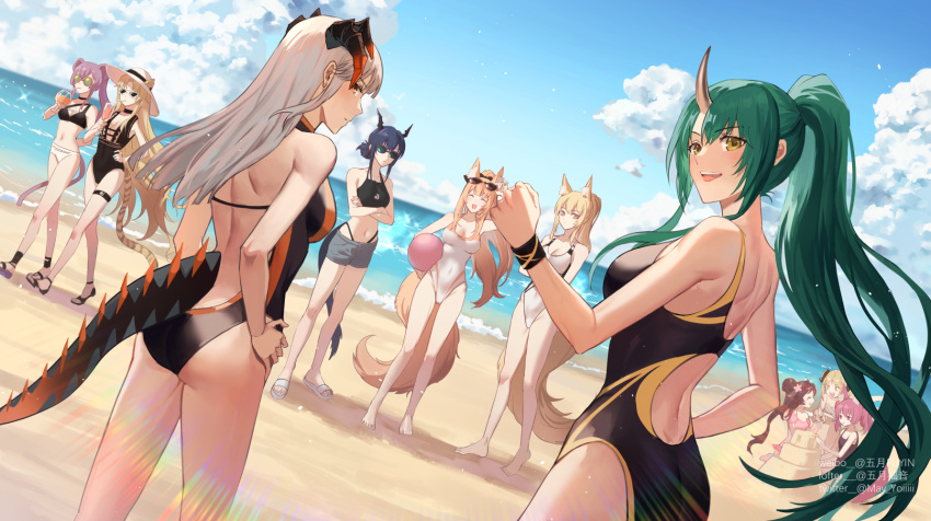 6+girls :d adjusting_eyewear alternate_costume animal_ears arknights ass backless_swimsuit ball barefoot beach beachball bikini bikini_under_clothes black_bikini black_bow black_choker black_footwear black_swimsuit black_wristband blemishine_(arknights) blonde_hair blue_hair blue_shorts bow breasts brown_hair casual_one-piece_swimsuit center_opening ch'en_(arknights) choker cleavage closed_eyes covered_navel cup dragon_girl dragon_horns dragon_tail drinking_straw_in_mouth dutch_angle eyewear_on_head eyjafjalla_(arknights) eyjafjalla_(summer_flowers)_(arknights) female_tourist_c_(arknights) folded_ponytail fox_ears fox_girl fox_tail gogatsu_fukuin green-tinted_eyewear green_hair grey_hair hair_bow hat hat_ribbon highres holding holding_ball holding_beachball holding_cup horns horse_ears horse_girl horse_tail hoshiguma_(arknights) ifrit_(arknights) ifrit_(sunburn)_(arknights) large_breasts lin_yuhsia_(arknights) lofter_username long_hair looking_at_viewer looking_back mismatched_bikini mouse_ears mouse_girl mouse_tail multiple_girls nearl_(arknights) official_alternate_costume one-piece_swimsuit oni_horns open_mouth outdoors pink_bikini pink_hair ponytail ribbon sand sand_castle sand_sculpture sandals saria_(arknights) shamare_(arknights) sheep_ears sheep_girl sheep_horns shorts sidelocks single_horn skin-covered_horns small_breasts smile standing sun_hat sunglasses swimsuit swire_(arknights) tail thigh_strap thighs tiger_ears tiger_girl tiger_tail tinted_eyewear twitter_username walking water weibo_username white_footwear white_headwear white_swimsuit yellow_eyes