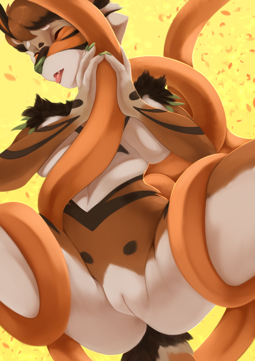 absurd_res anthro butt entwined felid feline female fluffy fur genitals happy hi_res liloli_(artist) mammal orange_body orange_fur pantherine pinup pose pussy satisfied simple_background solo tentacles tiger tongue tongue_out white_body white_fur
