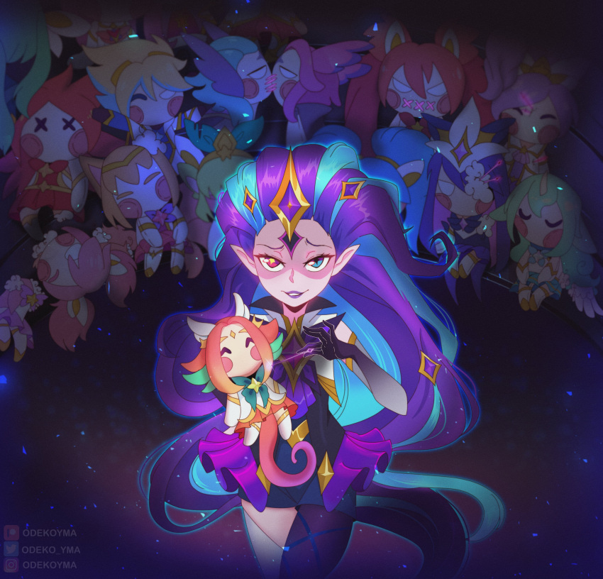 1girl absurdres ahri_(league_of_legends) artist_name bangs character_doll dress ezreal gloves green_hair heterochromia highres holding holding_needle janna_(league_of_legends) jinx_(league_of_legends) league_of_legends long_hair lulu_(league_of_legends) lux_(league_of_legends) needle neeko_(league_of_legends) odeko_yma pointy_ears poppy_(league_of_legends) purple_hair purple_lips rakan_(league_of_legends) red_eyes single_leg_pantyhose slit_pupils smile solo soraka_(league_of_legends) star_guardian_(league_of_legends) star_guardian_ahri star_guardian_ezreal star_guardian_janna star_guardian_jinx star_guardian_lulu star_guardian_lux star_guardian_neeko star_guardian_poppy star_guardian_rakan star_guardian_soraka star_guardian_syndra star_guardian_xayah star_guardian_zoe starry_background stuffed_toy syndra teeth watermark xayah