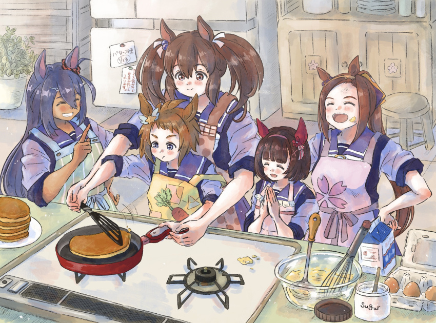 5girls :d ^_^ ^o^ absurdres animal_ears apron bangs batter behind_another biko_pegasus_(umamusume) blue_eyes blunt_bangs blush bob_cut brown_hair carrot_print closed_eyes commentary_request concentrating cooking cupboard dark-skinned_female dark_blue_hair dark_skin ear_covers ear_ornament egg egg_carton elbow_on_table floral_print food food_on_face food_print frying_pan grin hair_between_eyes hair_ornament hair_ribbon hairband hairclip hand_on_hip hands_on_hips highres hishi_akebono_(umamusume) hishi_amazon_(umamusume) holding holding_frying_pan holding_spatula horse_ears horse_girl indoors jar laughing long_hair milk_carton multiple_girls nishino_flower_(umamusume) nukakonoe palms_together pancake pancake_mix pancake_stack plant pointing pointing_up ponytail potted_plant red_eyes red_hairband refrigerator ribbon sailor_collar sakura_bakushin_o_(umamusume) school_uniform scrunchie serafuku short_hair sleeves_rolled_up smile spatula standing stool stove sugar_(food) teeth tracen_school_uniform translation_request twintails umamusume upper_body v-shaped_eyebrows very_long_hair whisk winter_uniform