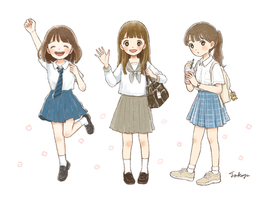 3girls :d arm_up backpack bag bag_charm bangs blush_stickers bobby_socks brown_eyes brown_hair charm_(object) closed_eyes collared_shirt cup disposable_cup drink drinking_straw fist_pump flower holding holding_cup holding_drink holding_strap loafers long_hair medium_hair multiple_girls necktie open_mouth original parted_lips plaid plaid_skirt pleated_skirt ponytail raised_fist school_bag school_uniform serafuku shirt shirt_tucked_in shoes signature skirt smile sneakers socks standing standing_on_one_leg striped_necktie tokoyu walking watch waving wristwatch