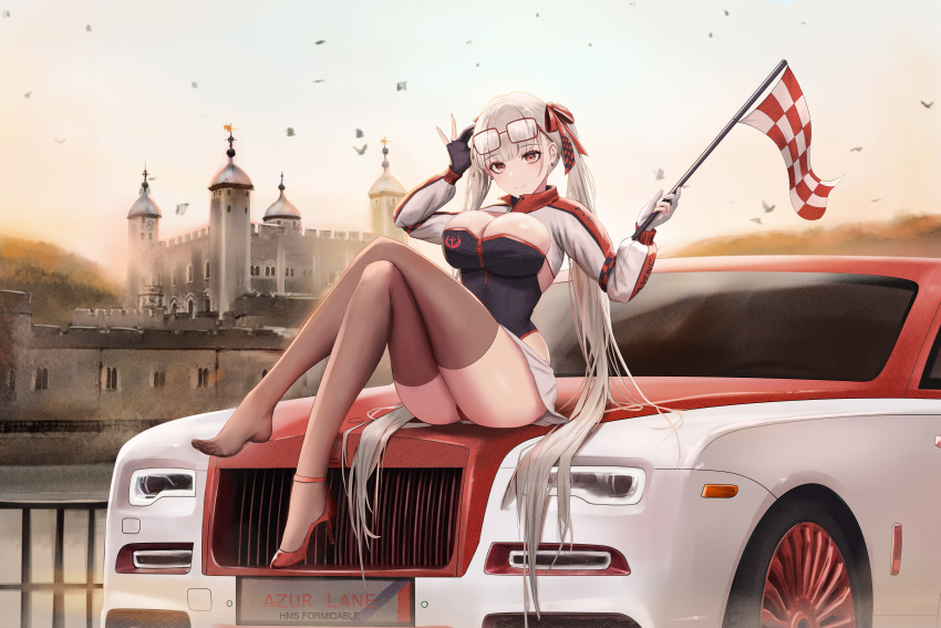 1girl absurdres alternate_costume azur_lane bow breasts car character_name checkered_flag cleavage copyright_name crossed_legs eyewear_on_head flag formidable_(azur_lane) glasses gloves ground_vehicle hair_bow hair_ribbon high_heels highres kcar66t large_breasts leotard leotard_under_clothes london long_hair looking_at_viewer miniskirt motor_vehicle product_placement race_queen real_world_location revision ribbon rolls-royce rolls-royce_wraith shoes shrug_(clothing) single_shoe sitting skirt thighhighs tower_of_london twintails