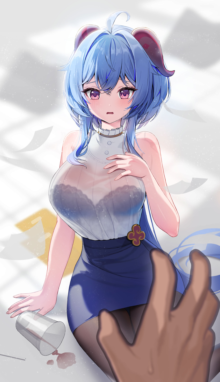 1girl absurdres ahoge bare_arms bare_shoulders black_bra blue_hair blue_skirt bra bra_visible_through_clothes breasts brown_legwear ganyu_(genshin_impact) genshin_impact goat_horns hand_on_own_chest highres horns hyoin large_breasts long_hair looking_at_viewer miniskirt open_mouth pantyhose pencil_skirt pink_eyes ribbed_shirt see-through shirt shirt_tucked_in sitting skirt sleeveless sleeveless_shirt solo sweatdrop underwear very_long_hair wet wet_clothes wet_shirt white_shirt