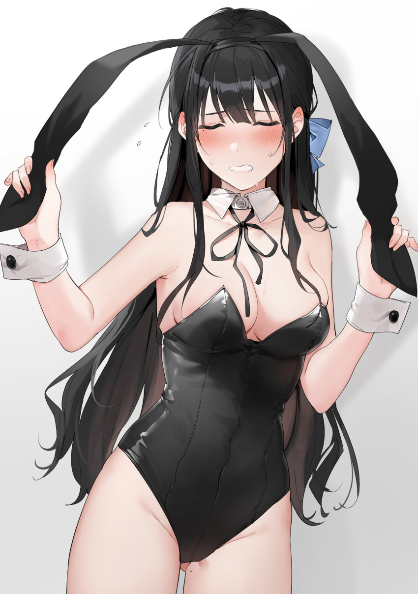 1girl animal_ears bangs black_hair black_leotard black_ribbon blue_bow bow breasts cleavage closed_eyes embarrassed hair_bow highres large_breasts leotard long_hair neck_ribbon original playboy_bunny rabbit_ears ribbon simple_background solo standing strapless strapless_leotard white_background wrist_cuffs xretakex