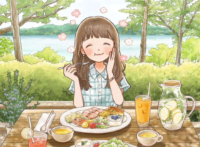 1girl bangs blueberry blush_stickers bracelet brown_hair bush cafe chewing closed_eyes collared_shirt cup dappled_sunlight drinking_straw earrings facing_viewer flower food fork fruit hand_on_own_cheek hand_on_own_face hands_up holding holding_fork ice ice_cube jewelry lake lavender_(flower) lemon lemon_slice lettuce long_hair meal meat mug original outdoors pitcher plaid plaid_shirt plant plate potato pov_across_table pudding quiche restaurant salad sauce shirt short_sleeves smile solo soup sunlight table tokoyu tomato tree water wooden_table