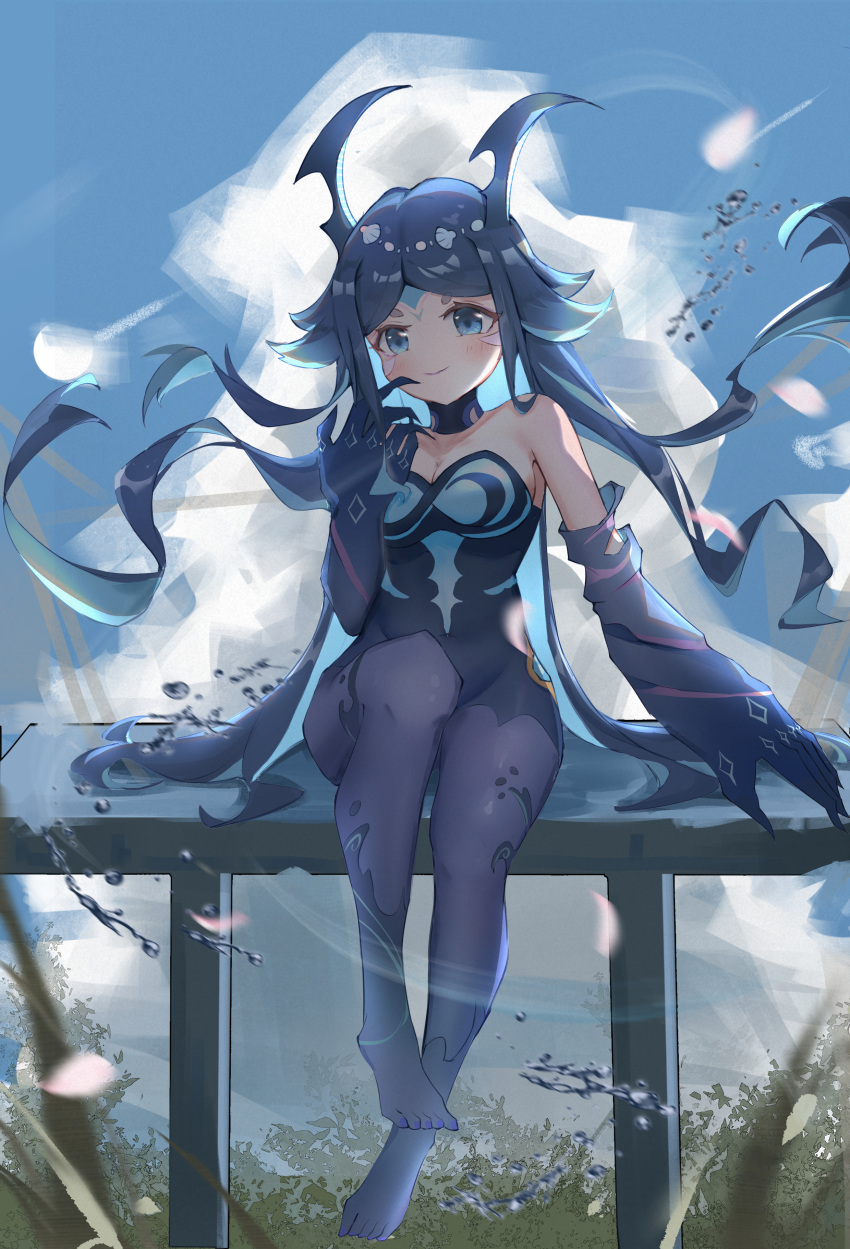 1girl absurdres backlighting bangs bikini black_legwear blue_eyes blue_hair blue_sky bonanus_(genshin_impact) breasts claws cleavage cloud cloudy_sky commentary_request facial_mark facial_tattoo full_body genshin_impact highres horns hua_(yijing) long_hair looking_at_viewer pantyhose parted_bangs sidelocks sitting sitting_on_fence sky solo strapless strapless_bikini swimsuit tattoo