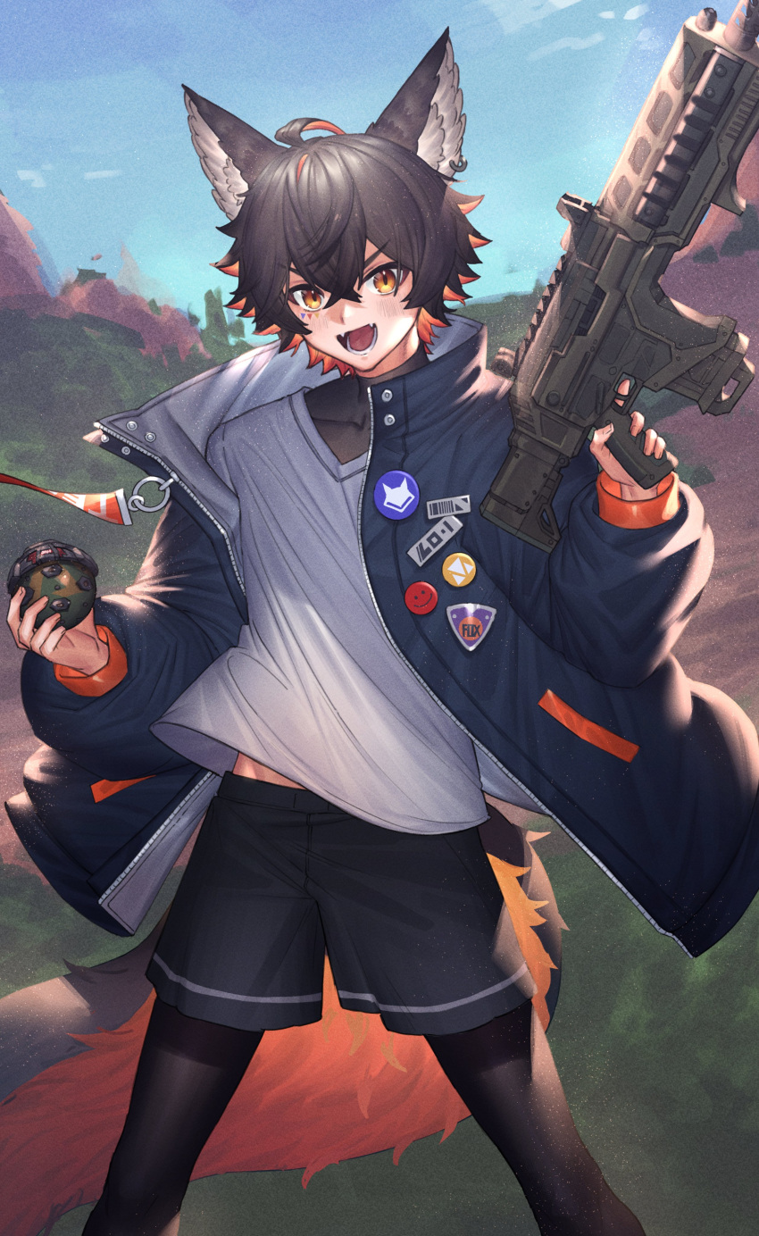 1boy absurdres ahoge animal_ears bishounen black_hair character_request copyright_request gun hand_up highres jacket male_focus mixivsky multicolored_hair orange_eyes orange_hair outdoors pantyhose pin shirt short_hair shorts socks solo tail thighhighs virtual_youtuber weapon white_shirt