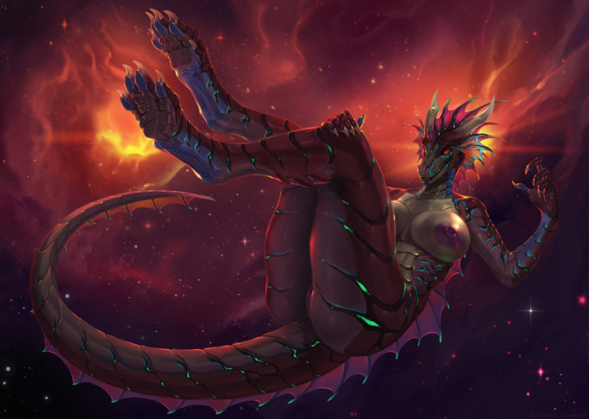 anthro breasts butt detailed_background dragon female floating genitals hi_res horn looking_at_viewer nipples nude pinup pose pussy reptile scales scalie siatrax silgiriya_mantsugosi solo space star