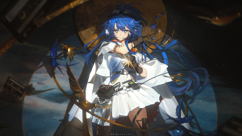 &gt;:) 1girl animal_ears arknights astgenne_(arknights) belt bird bird_ears blue_eyes blue_hair boots bright_pupils cable cowboy_shot dress highres long_hair looking_at_viewer orbited ponytail receiver shiny sky smile standing star_(sky) starry_background starry_sky thigh_boots toto_(caaaaarrot) v-shaped_eyebrows wand white_dress white_pupils zero_gravity