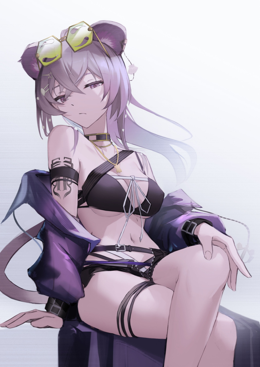 1girl absurdres animal_ear_fluff animal_ears arknights arm_strap arm_tattoo bangs bare_shoulders bikini bikini_under_clothes black_bikini black_shorts breasts cleavage closed_mouth crossed_legs eyewear_on_head green-tinted_eyewear hand_on_own_knee hexagonal_eyewear highres jacket jewelry lin_yuhsia_(arknights) lodbyy long_hair long_sleeves looking_at_viewer medium_breasts mouse_ears mouse_girl mouse_tail necklace open_clothes open_jacket purple_eyes purple_hair purple_jacket short_shorts shorts simple_background sitting solo sunglasses swimsuit tail tattoo thigh_strap tinted_eyewear white_background yellow-framed_eyewear