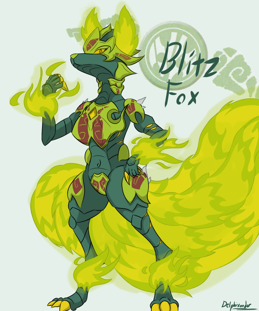 absurd_res alien anthro armor blitz_fox_(bakugan) canid canine claws delphixander female fire fox green_body green_flames hi_res looking_at_viewer mammal simple_background solo text