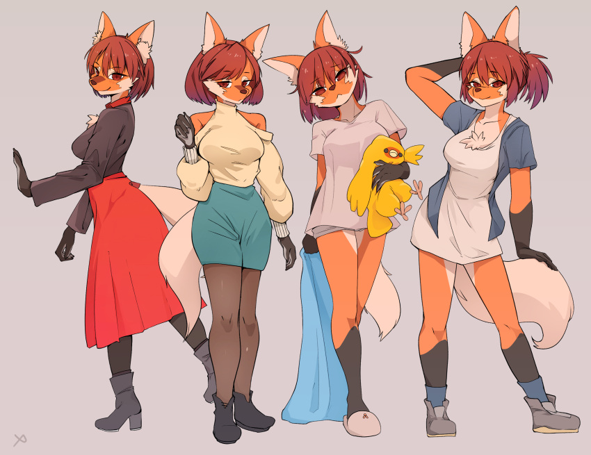 2022 anthro black_body black_fur blush blush_lines breasts brown_eyes brown_hair canid canine clothed clothing female full-length_portrait fur gloves_(marking) hair hi_res kemono leg_markings looking_at_viewer mammal maned_wolf markings multiple_images orange_body orange_fur portrait socks_(marking) solo white_body white_fur yellowparrottw