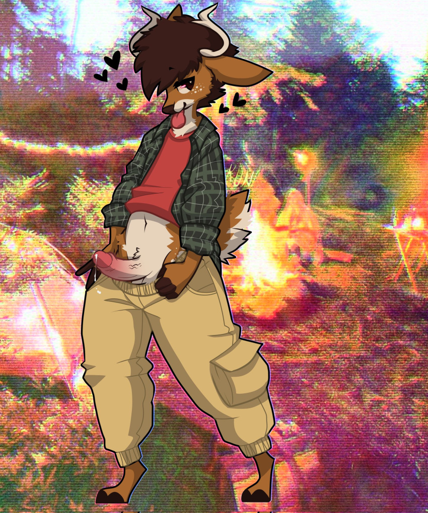 &lt;3 abstract_background anthro antlers balls bedroom_eyes blep bodily_fluids bottomwear bottomwear_down brown_body brown_fur brown_hair cargo_pants cervid clothed clothing dripping ears_down erection flannel_shirt freckles fur genital_fluids genitals hair half-closed_eyes hi_res hooves horn humanoid_genitalia humanoid_penis inviting lamekun looking_at_viewer male mammal multicolored_body multicolored_fur narrowed_eyes pants pants_down partially_clothed penis pivoted_ears precum precum_drip precum_string psychedelic psychedelic_background seductive smile smirk smug smug_face solo tan_body tan_fur tongue tongue_out two_tone_body two_tone_fur vein veiny_penis