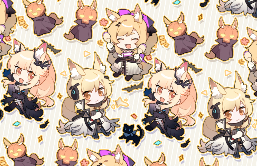 3girls :3 :d ^_^ animal_ear_fluff animal_ears arknights aunt_and_niece baiwei_er_hao_ji black_cloak black_gloves black_shirt blemishine_(arknights) blemishine_(moon_catastrborn)_(arknights) blonde_hair bow chibi cloak closed_eyes crossed_arms dress extra_ears fang gloves hair_bow hair_ornament hairclip headset highres holding holding_instrument horse_ears horse_girl horse_tail implied_extra_ears instrument long_hair looking_at_viewer maracas multiple_girls nearl_(arknights) nearl_the_radiant_knight_(arknights) official_alternate_costume open_mouth ponytail pumpkin_on_head purple_bow scabbard sheath sheathed shirt siblings sidelocks sisters smile tail whislash_(arknights) whislash_(glory_purple)_(arknights) white_dress yellow_eyes