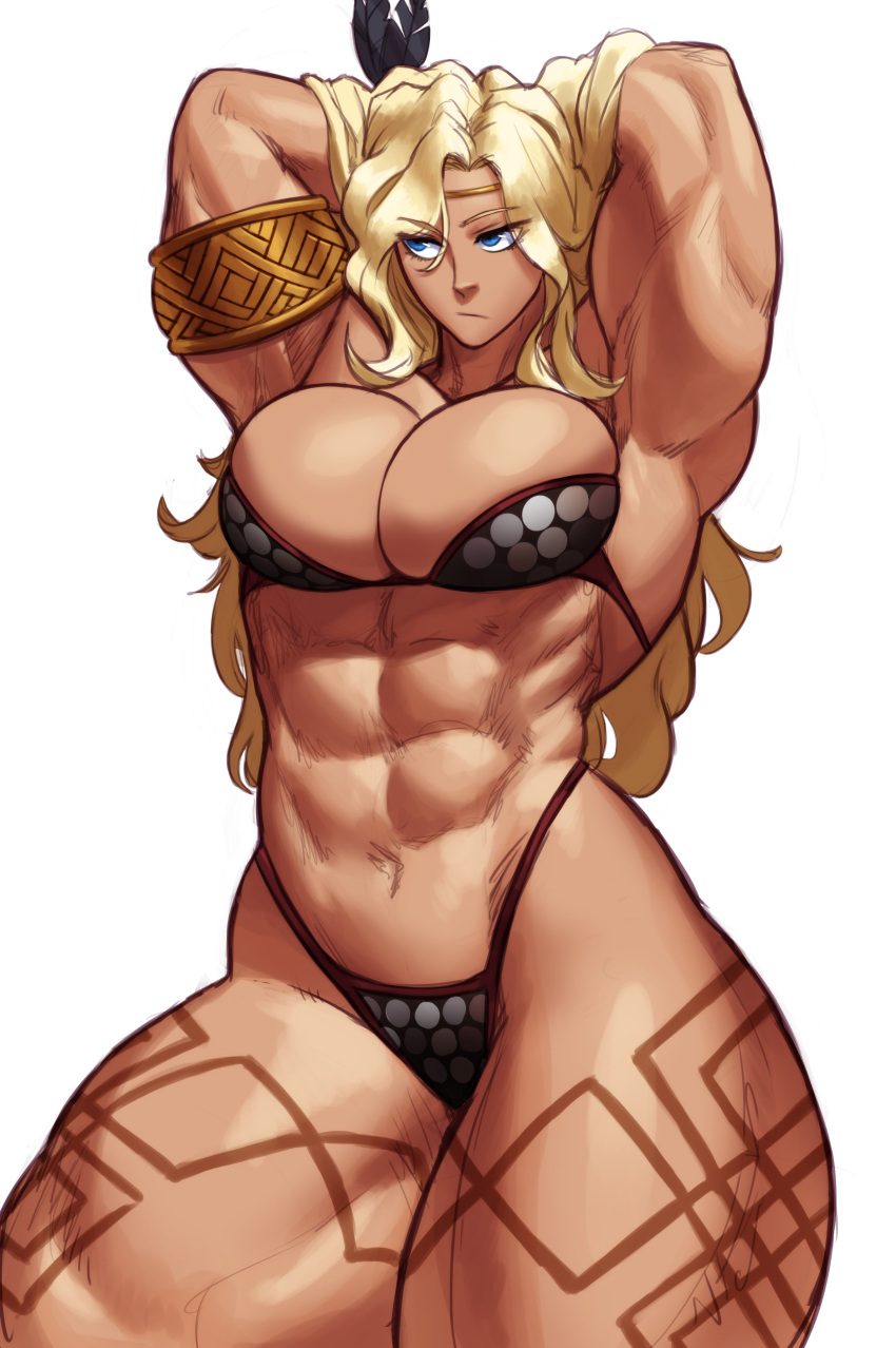 1girl abs absurdres amazon_(dragon's_crown) armband armor armpits arms_behind_head bikini_armor blonde_hair blue_eyes dragon's_crown feather_hair_ornament feathers flexing hair_ornament headband highres long_hair muscular muscular_female pose solo sotcho tattoo thick_thighs thighs white_background