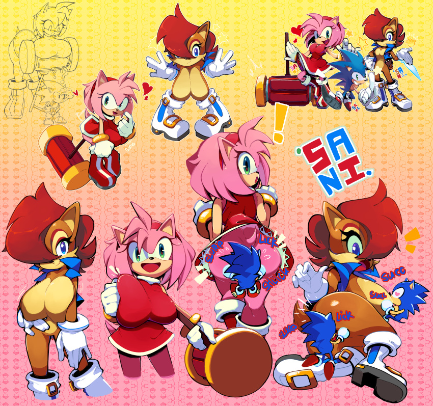 &lt;3 2022 absurd_res accessory amy_rose anal anthro archie_comics big_breasts blue_body blue_eyes blue_fur boots bottomless breast_play breast_suck breasts brown_body brown_fur butt chipmunk clothed clothing english_text eulipotyphlan exclamation_point female footwear fur genitals green_eyes ground_squirrel group hair hair_accessory hairband hammer hedgehog hi_res huge_breasts looking_at_another looking_at_partner looking_at_viewer male male/female mammal micro onomatopoeia open_mouth open_smile oral pink_body pink_fur pink_hair pussy red_hair rimming rodent sally_acorn sanikink sciurid sega sex simple_background size_difference smile sonic_the_hedgehog sonic_the_hedgehog_(archie) sonic_the_hedgehog_(comics) sonic_the_hedgehog_(series) sound_effects sucking text tools topless trio video_games
