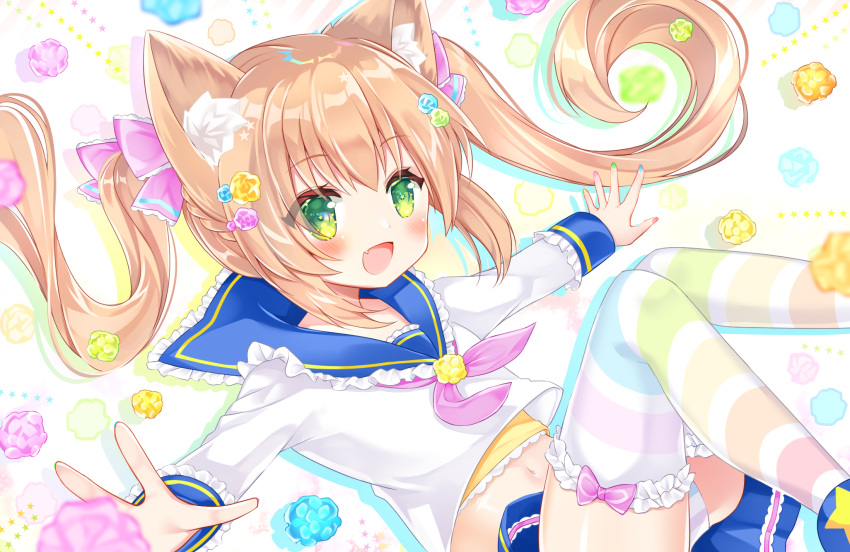 1girl :d animal_ear_fluff animal_ears bangs blue_nails blue_sailor_collar blush bow brown_hair camisole camisole_over_clothes candy candy_hair_ornament cat_ears commentary_request crop_top fang feet_out_of_frame food food-themed_hair_ornament frilled_sailor_collar frilled_sleeves frills green_eyes green_nails hair_between_eyes hair_bow hair_ornament highres knees_together_feet_apart knees_up konpeitou long_hair long_sleeves looking_at_viewer midriff multicolored_nails nail_polish navel original outstretched_arms panties pink_bow purple_nails red_nails sailor_collar school_uniform serafuku shikito shirt smile solo spread_arms striped striped_legwear striped_panties twintails underwear very_long_hair white_background white_shirt yellow_camisole yellow_nails
