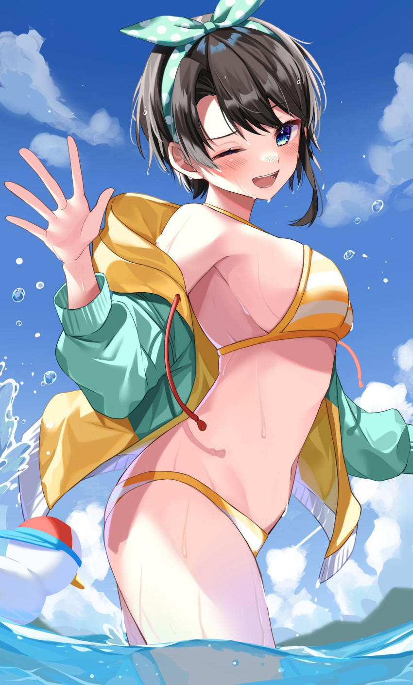 1girl ;d bangs bikini blue_eyes blue_sky blush bow_hairband breasts brown_hair cloud day from_side hairband highres hololive jacket long_sleeves looking_to_the_side medium_breasts moonbell multicolored_clothes multicolored_jacket off_shoulder one_eye_closed oozora_subaru open_clothes open_jacket outdoors polka_dot_hairband sky smile solo striped striped_bikini subaru_duck swimsuit two-tone_jacket wading wet yellow_bikini