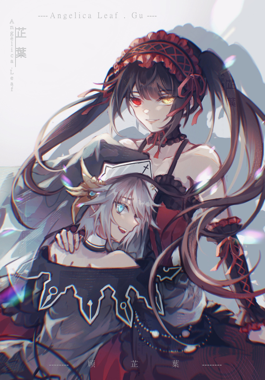 2girls :d angelica_(lyl_6344) black_choker black_hair black_headwear black_sleeves blue_eyes choker collarbone date_a_live detached_sleeves dress floating_hair frilled_sleeves frills gothic_lolita grey_dress hair_ribbon hairband hand_on_another's_shoulder heterochromia highres honjou_nia lolita_fashion lolita_hairband long_hair long_sleeves looking_at_viewer multiple_girls parted_lips red_dress red_eyes red_ribbon ribbon ribbon-trimmed_sleeves ribbon_trim short_hair sleeveless sleeveless_dress smile tokisaki_kurumi veil very_long_hair white_choker white_hair yellow_eyes