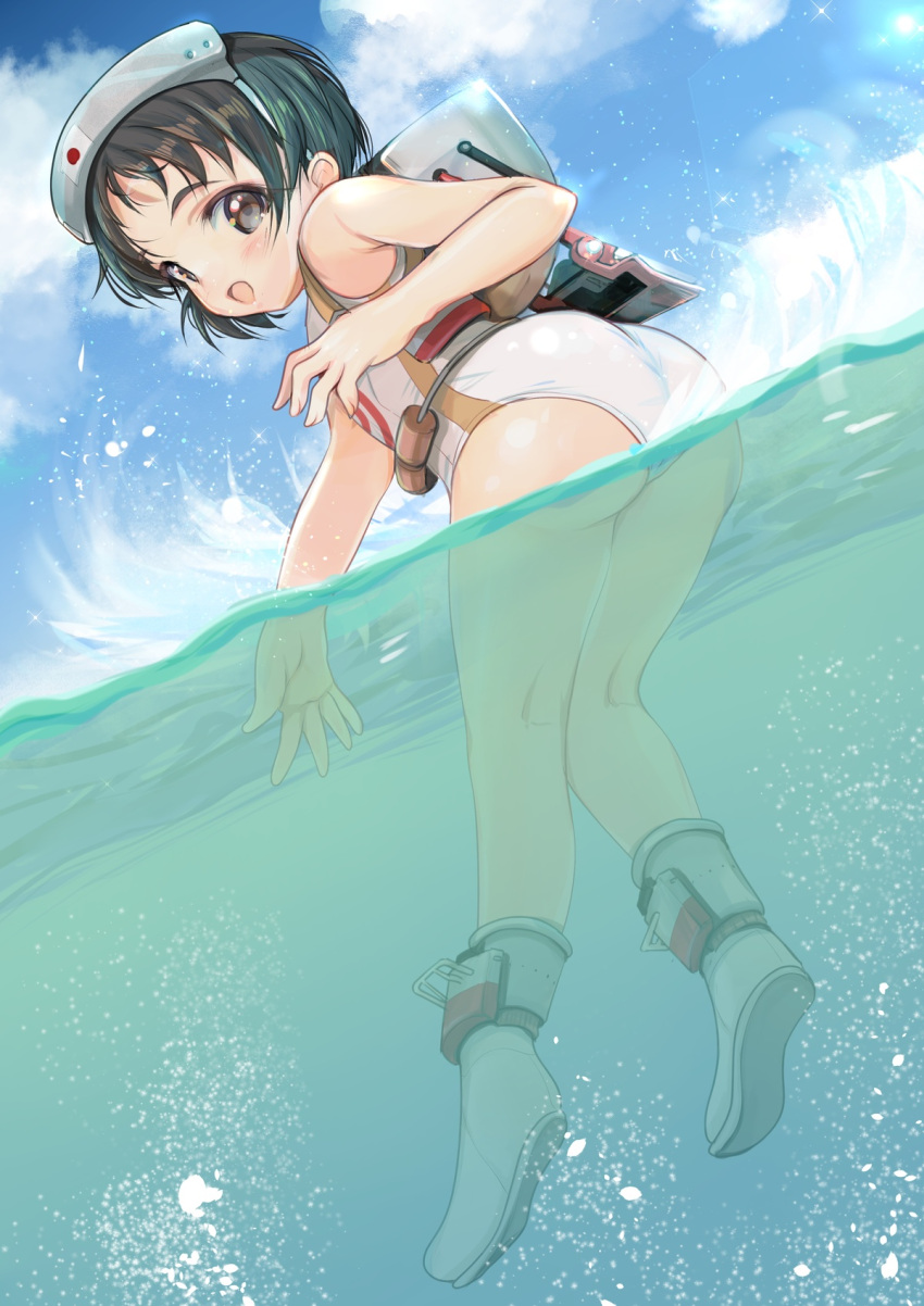1girl ass bangs black_hair blue_sky boots brown_eyes cloud commentary_request diving_mask diving_mask_on_head flotation_belt fp-45_liberator from_behind full_body goggles goggles_on_head gun handgun highres kantai_collection looking_back maru-yu_(kancolle) parted_bangs partially_underwater_shot school_swimsuit short_hair sky solo swimsuit thick_eyebrows weapon white_footwear white_swimsuit yashin_(yasinz)