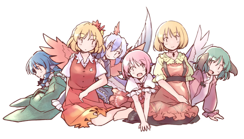 6+girls aki_minoriko aki_shizuha animal_ears bird_ears bird_wings blonde_hair blue_hair blush closed_mouth dog_ears drill_hair feathered_wings green_hair hair_between_eyes hair_ornament head_fins horns kasodani_kyouko leaf_hair_ornament multiple_girls mystia_lorelei open_mouth pink_hair rangycrow short_hair simple_background smile tokiko_(touhou) touhou wakasagihime white_background white_wings wings