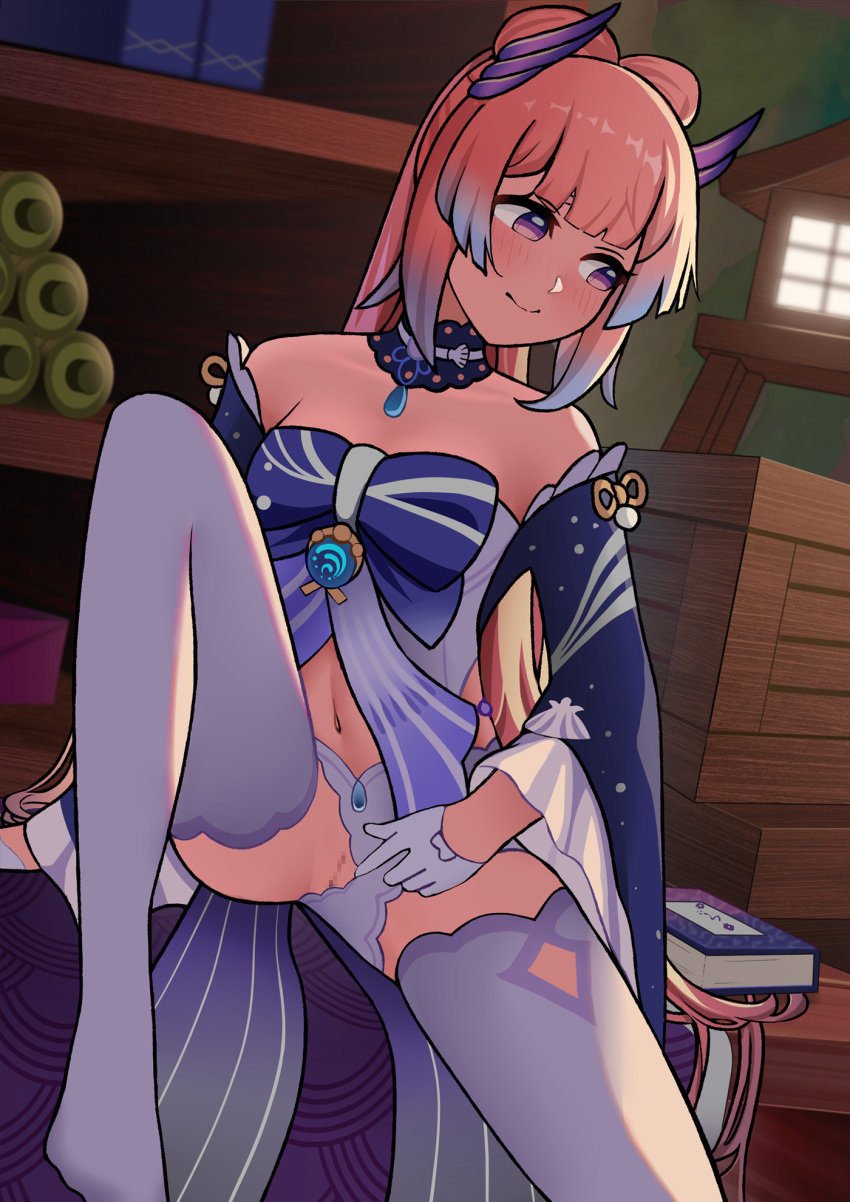 1girl bangs bare_shoulders blue_eyes blue_hair blunt_bangs book bow bowtie censored closed_mouth clothing_aside genshin_impact highres imminent_penetration indoors inflameys leg_up long_sleeves looking_to_the_side mosaic_censoring multicolored_hair navel nervous nervous_smile no_panties on_table pink_hair pointless_censoring ponytail pussy sangonomiya_kokomi scroll shelf short_shorts shorts shorts_aside smile solo table thighhighs thighs two-tone_hair vision_(genshin_impact) water_drop wide_sleeves