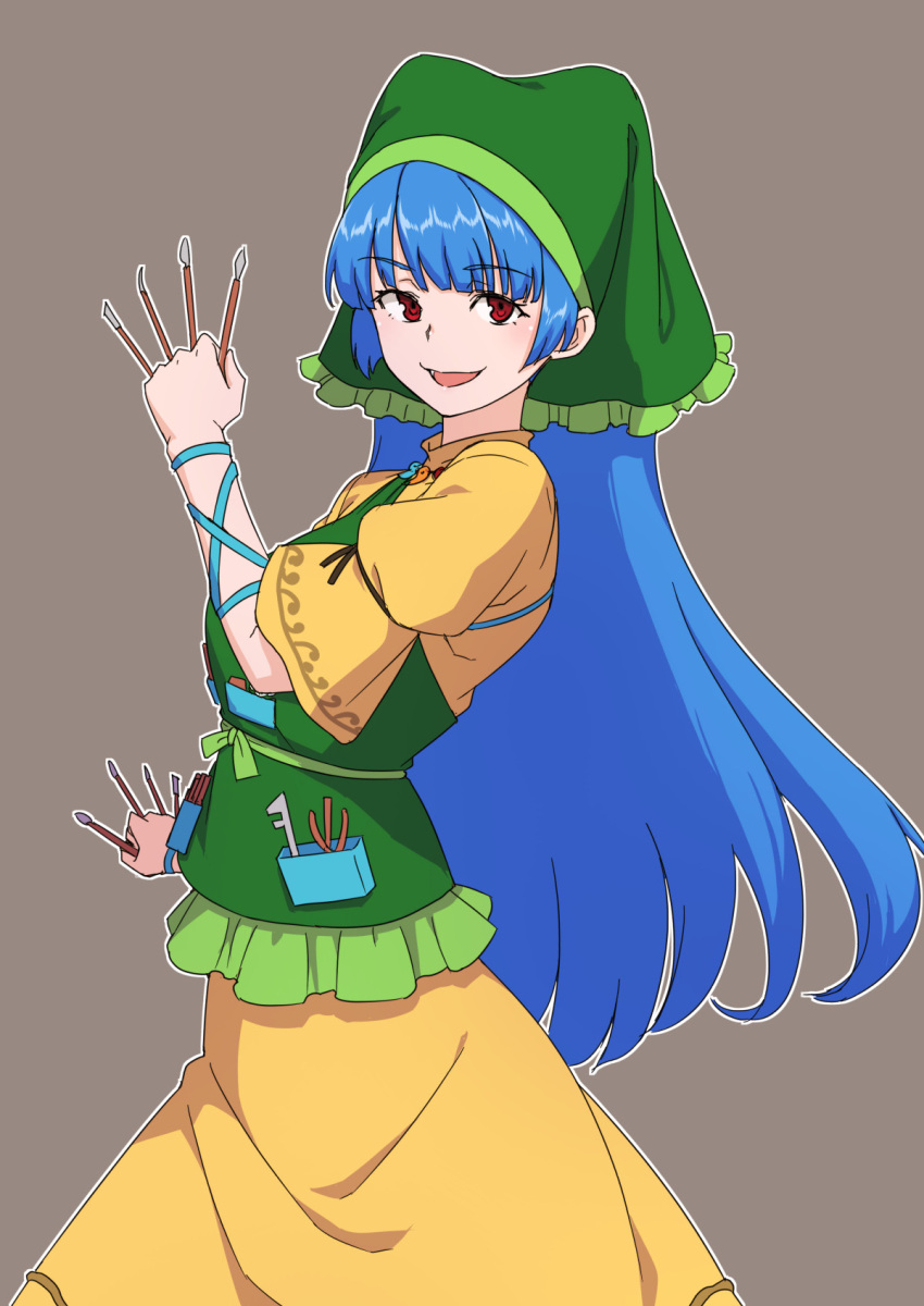 1girl :d apron between_fingers blue_hair brown_background from_side green_apron green_headwear green_scarf haniyasushin_keiki highres kakone long_hair looking_at_viewer one-hour_drawing_challenge open_mouth red_eyes scarf short_sleeves simple_background single_strap smile solo touhou wood_carving_tool