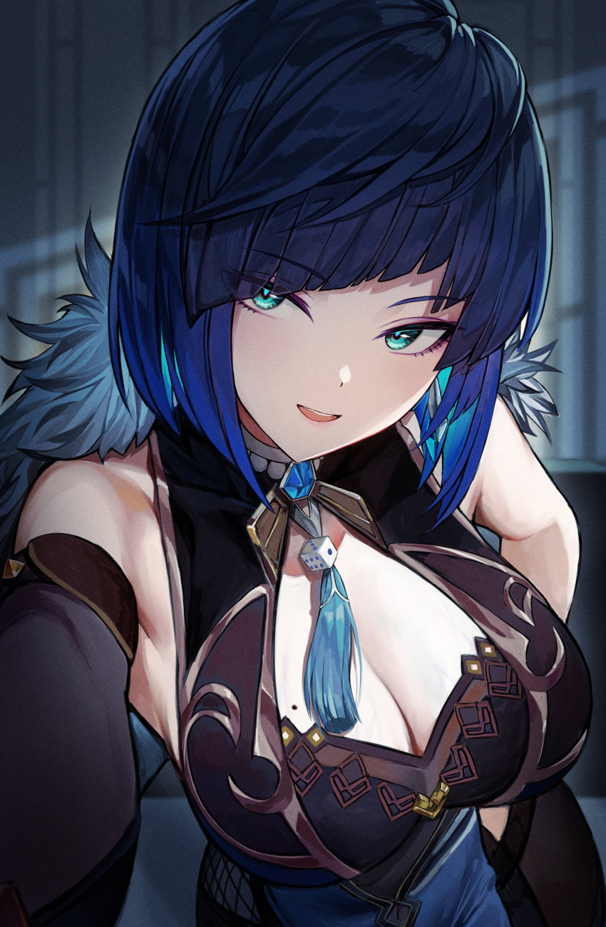 1girl absurdres arm_behind_back bangs bare_arms bead_choker black_gloves blue_hair blunt_bangs breasts cleavage cleavage_cutout clothing_cutout commentary diagonal_bangs dice earrings elbow_gloves fur_trim genshin_impact gloves green_eyes highres jewelry looking_at_viewer marse_(rokudaime) mole mole_on_breast neck_tassel open_mouth smile solo upper_body yelan_(genshin_impact)