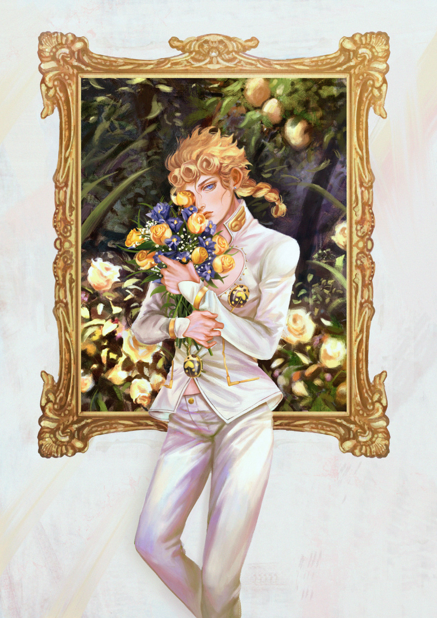 1boy absurdres blonde_hair blue_eyes blush bouquet braid bug clothing_cutout expressionless flower flower_request giorno_giovanna heart_cutout high_collar highres holding holding_bouquet jojo_no_kimyou_na_bouken koha_(xxkohaku) ladybug long_hair long_sleeves looking_to_the_side male_focus midriff_peek one_eye_covered painting_(object) picture_frame plant rose sleeves_past_wrists solo vento_aureo wing_ornament