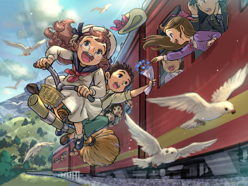 3boys 5girls animal bird black_hair blue_sailor_collar blush_stickers bouquet bow braid broom broom_riding brown_hair child cloud day dove dress flower flying foreshortening glasses ground_vehicle hair_bow hat hat_bow highres motion_lines mountain multiple_boys multiple_girls nanami_tomorou necktie old old_woman open_mouth original outdoors people pigeon pointy_ears purple_bow round_eyewear round_teeth sailor_collar striped_necktie suspenders teeth train tree uniform white_dress white_headwear