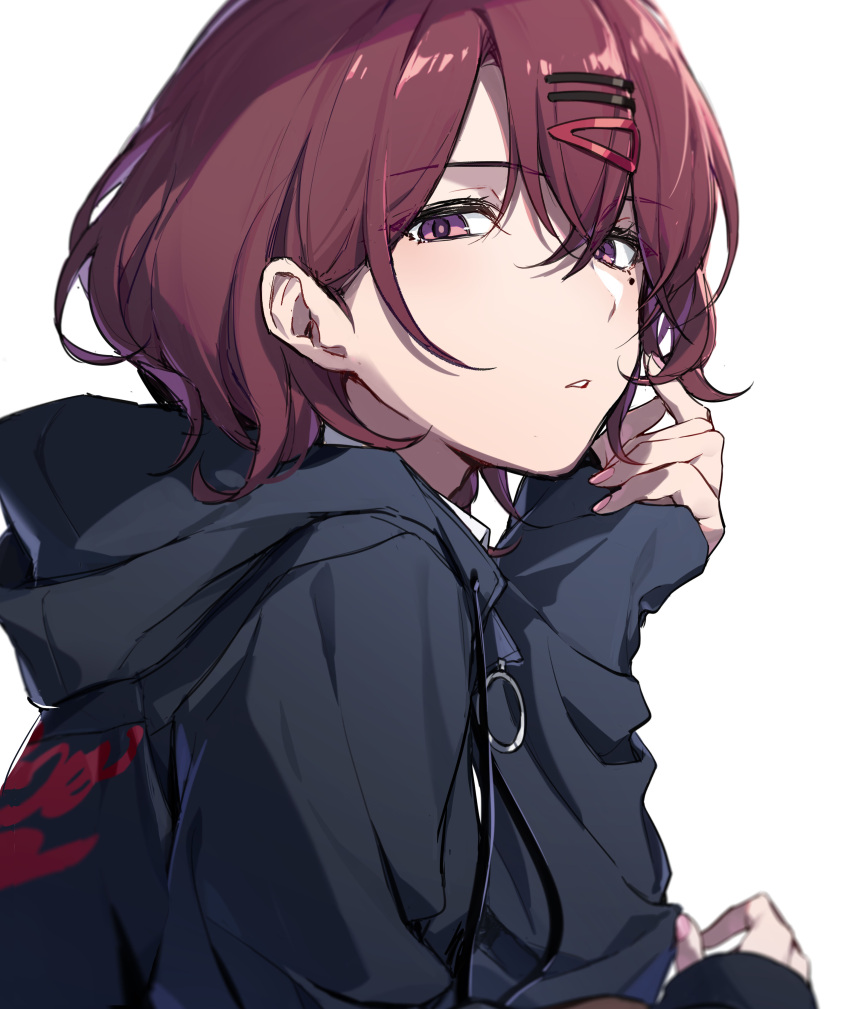 1girl absurdres arm_up brown_hair from_side hair_between_eyes hair_ornament hairclip highres higuchi_madoka hood hood_down idolmaster idolmaster_shiny_colors long_sleeves looking_at_viewer looking_to_the_side mole mole_under_eye oyo_hitsuji parted_lips playing_with_own_hair purple_eyes short_hair simple_background solo sweatshirt upper_body white_background