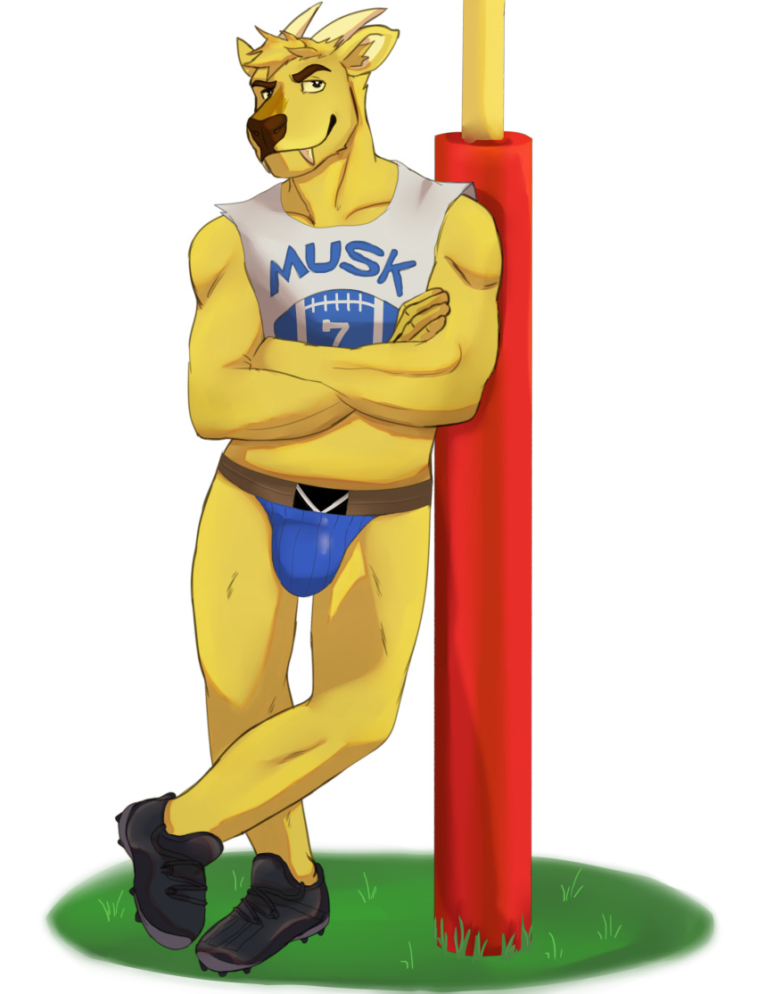 absurd_res anthro beastsauc3 bulge cervid cervine cleats clothing crop_top dj_strap fangs football_field fur goalpost hi_res horn jockstrap male mammal midriff muntjac shirt solo text text_on_clothing text_on_topwear topwear underwear yellow_body yellow_fur