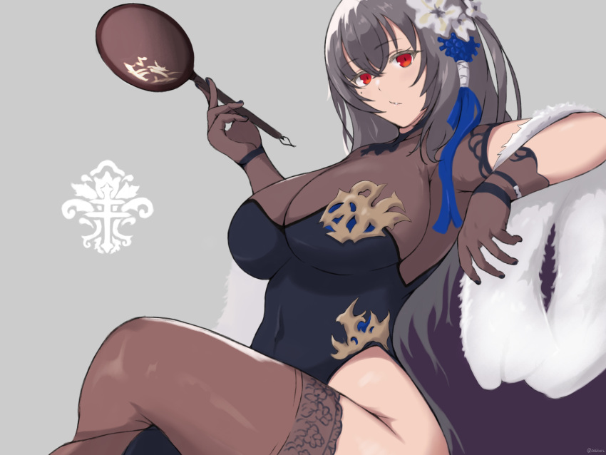 1006kbps 1girl absurdres alternate_breast_size azur_lane black_dress breasts brown_dress brown_legwear china_dress chinese_clothes cleavage crossed_legs dress feather_boa flower from_side grey_background grey_hair hair_flower hair_ornament hand_fan highres holding holding_fan iris_libre_(emblem) lace-trimmed_legwear lace_trim large_breasts long_hair looking_at_viewer looking_to_the_side mole mole_under_eye official_alternate_costume pelvic_curtain red_eyes saint-louis_(alluring_administrator)_(azur_lane) saint-louis_(azur_lane) see-through see-through_dress see-through_legwear sheer_gloves side_slit simple_background sitting solo thighhighs two-tone_dress white_flower