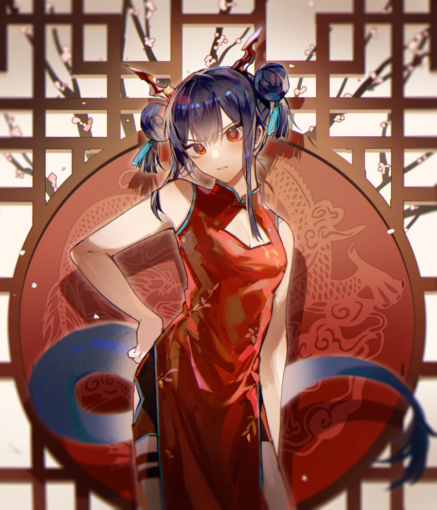 1girl absurdres arknights black_shorts blue_hair branch breasts ch'en_(ageless_afterglow)_(arknights) ch'en_(arknights) cherry_blossoms china_dress chinese_clothes cleavage cleavage_cutout clothing_cutout cowboy_shot double_bun dragon_girl dragon_horns dragon_tail dress fur-tipped_tail hair_bun hair_ornament highres horns kuilaogouhuabudongle long_hair official_alternate_costume red_dress red_eyes shorts sidelocks sleeveless sleeveless_dress small_breasts solo tail tassel tassel_hair_ornament thigh_strap v-shaped_eyebrows