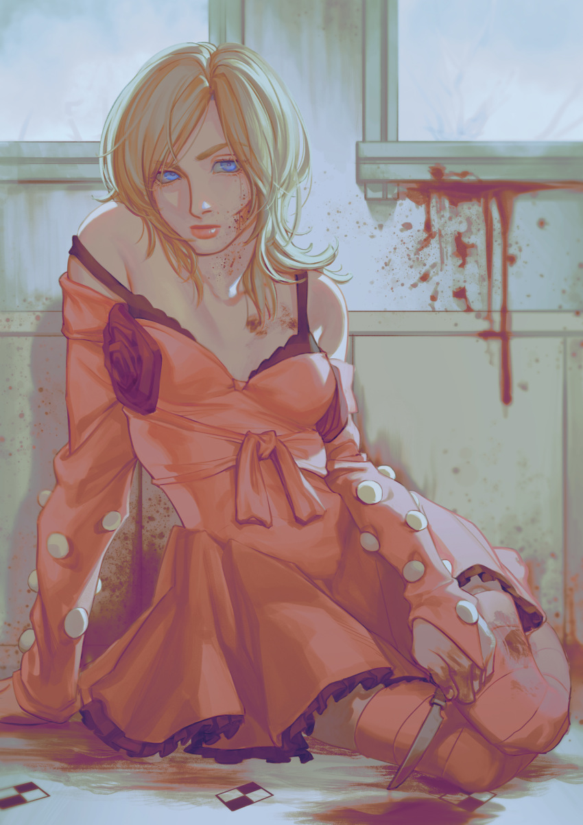 1girl absurdres arm_support bangs bleeding blonde_hair blood blood_on_face blood_on_ground blood_on_knife blood_on_wall blue_eyes dress expressionless frilled_dress frills gloves highres holding holding_knife injury jojo_no_kimyou_na_bouken knife long_hair looking_to_the_side lucy_steel nezumi_(tuboshu2013) on_floor parted_bangs sitting sleeveless sleeveless_dress solo steel_ball_run strap_slip thick_eyebrows thighhighs window yokozuwari