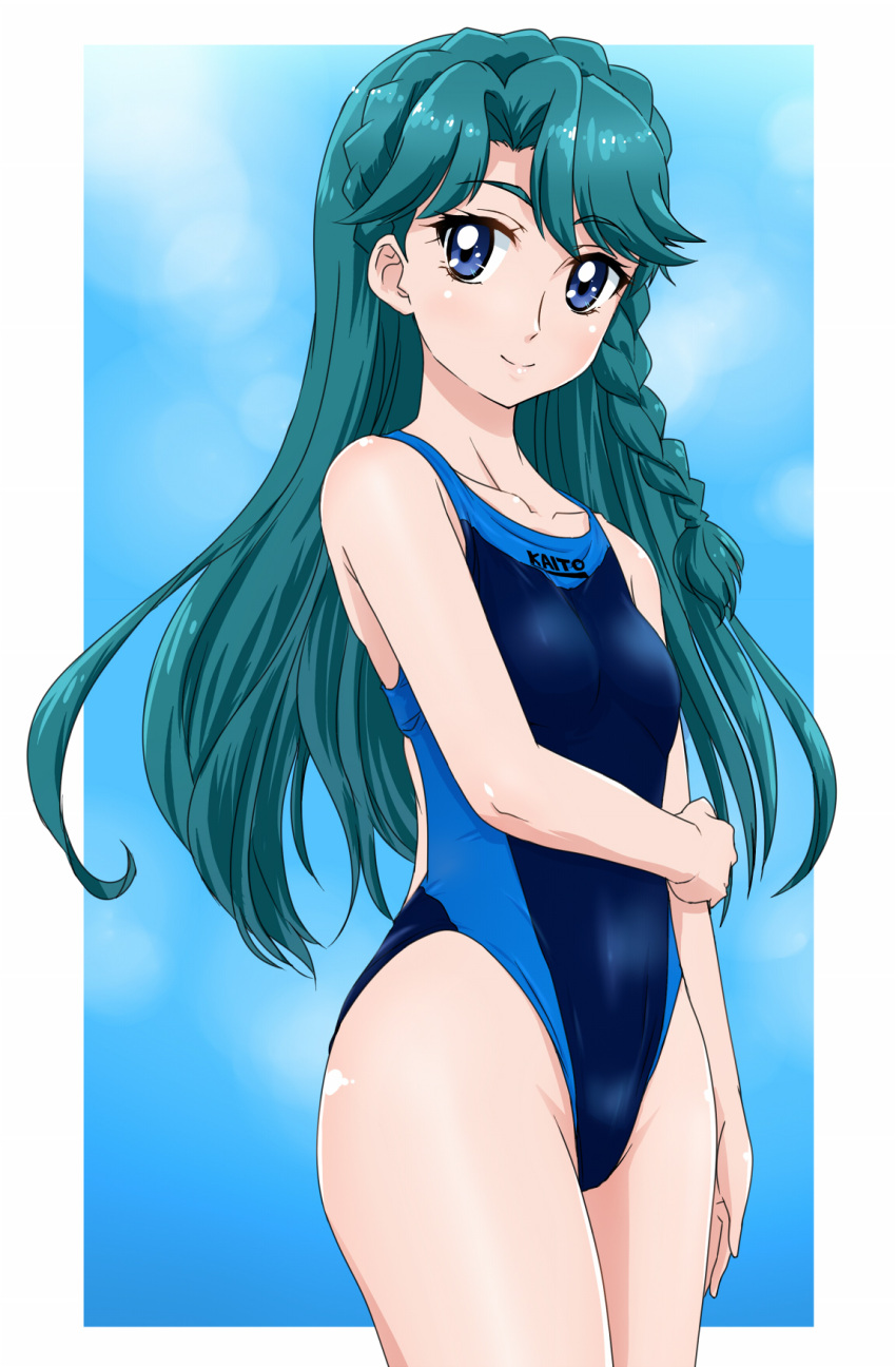 1girl blue_eyes blue_sky blue_swimsuit blush border braid breasts collarbone competition_swimsuit cowboy_shot dark_green_hair dengeki_gx go!_princess_precure hair_between_eyes highleg highres kaidou_minami looking_at_viewer one-piece_swimsuit precure side_braid sky small_breasts solo sunlight swimsuit two-tone_swimsuit white_border