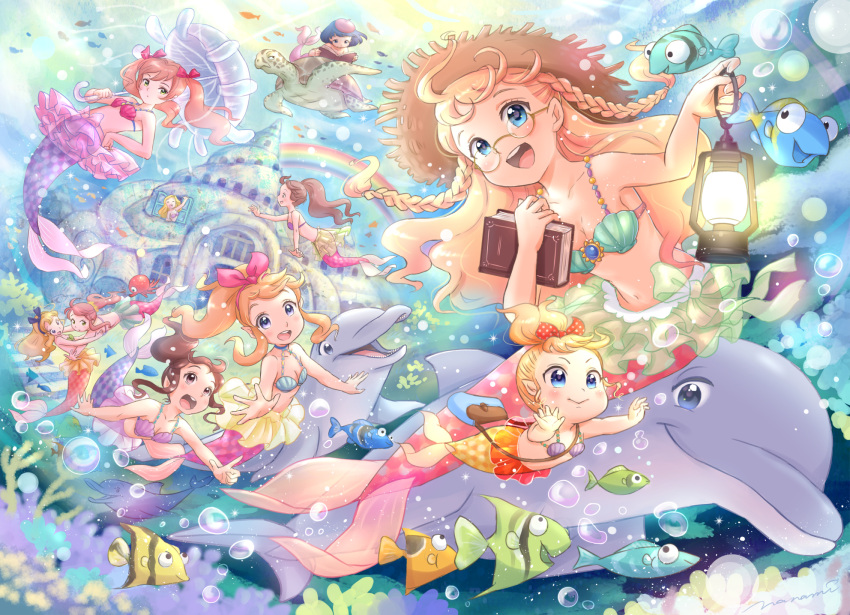 6+girls :d air_bubble bag bangs blonde_hair blue_eyes blue_hair blush book braid brown_hair bubble castle child dolphin fins fish frilled_skirt frills glasses highres holding holding_book holding_lantern jellyfish lantern layered_skirt long_hair mermaid monster_girl multiple_girls nanami_tomorou navel open_mouth original parasol pointy_ears ponytail rainbow reading rimless_eyewear round_teeth shell shell_bikini shoulder_bag side_braids sidelocks signature skirt smile tareme teeth turtle umbrella underwater